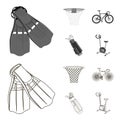 Flippers for swimming, basketball basket, net, racing holograph, golf bag. Sport set collection icons in outline Royalty Free Stock Photo