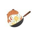 Flipping fry fish with lemon and pepper in a pan. Cartoon flat style. Cooking process vector illustration.