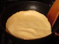 Flipping a pancake in a frying pan