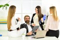 Flirting with boss. Man and women business colleagues. They love their boss. Office flirt. Career company. Flirting and Royalty Free Stock Photo