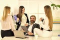 Flirting with boss. Man and women business colleagues. They love their boss. Office flirt. Career company. Flirting and Royalty Free Stock Photo