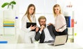 Flirting with boss. Secretary and manager. Office affair. Surrounded by beautiful ladies. Seductive colleague. Man and Royalty Free Stock Photo