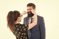 Flirting with boss. Seductive secretary. Business partners man with beard and woman flirting business conference or