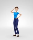 Flirting, Smiling, Dreamy and Self-Assured Jenny - 3D Cartoon Female Character Model - Fixes Hair and Looks Away