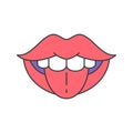 Flirting woman open mouth white teeth showing tongue pop art groovy style t shirt print vector