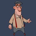 Flirty cartoon man wearing cap and clothes with red suspenders