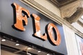 FLO a shoe store in Turkey d. FLO sign close-up. Orange and black colors