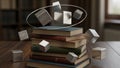 Float around and above the books with one cube encircled by a thin Royalty Free Stock Photo