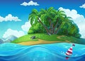 Float on the background of the island with palm trees in the sea