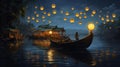 boat river lantern night travel celebration lamp water light festival. Generative AI.