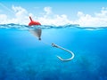 Float, fishing line and hook underwater vertical Royalty Free Stock Photo