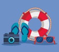 float with flip-flop and sunglasses with camera to summer time Royalty Free Stock Photo