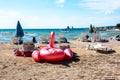 Floatie Flamingo on Luxury sand beach in Borik, Zadar Croatia Royalty Free Stock Photo