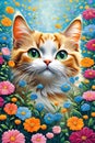 Floating acrylic art of cute cat with colorful flowers, garden, bold painting, animal, kitten