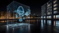 Floating AI interface with 3D projections in an urban setting Royalty Free Stock Photo