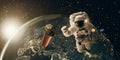 Floating astronaut and coffee mug at sunrise. Coffee break and breakfast concept. 3D and photo compositing, elements from NASA