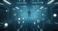 Floating astronaut in futuristic sci fi corridor with cool blue lighting Royalty Free Stock Photo