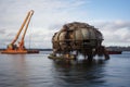 floating barge with crane installing ocean turbine Royalty Free Stock Photo