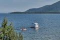 Floating bathhouse on water. Lake Baikal, Russia.