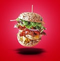 Floating Big burger flying on red gradient