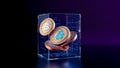 Floating bitcoins inside a transparent cube with blue circuit pattern on a dark background Royalty Free Stock Photo