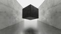 Floating black cube in infinite white space abstract art minimalist design surreal environment unique viewpoint Royalty Free Stock Photo