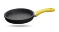 Floating black frying pan with bright yellow handle against a wh Royalty Free Stock Photo