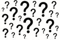 Floating black question marks illustration on white background concept of curiosity, inquiry, and thought exploration Royalty Free Stock Photo