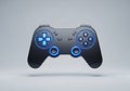 A floating black video game controller with blue backlighting on the buttons and thumbsticks. It Royalty Free Stock Photo