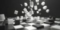 Floating black and white cubes create an abstract pattern on a checkered surface in a minimalist setting Royalty Free Stock Photo