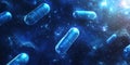Floating blue capsules in cosmic space, representing pharmaceuticals, science, and technology in a vibrant galaxy Royalty Free Stock Photo