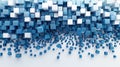 Floating blue cubes on a white background. Digital image of blue box. AIG53F.
