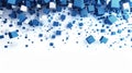 Floating blue cubes on a white background. Digital image of blue box. AIG53F.