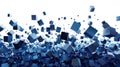 Floating blue cubes on a white background. Digital image of blue box. AIG53F.