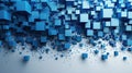 Floating blue cubes on a white background. Digital image of blue box. AIG53F.