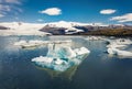 Floating of blue icebergs in Jokulsarlon Glacier Lagoon. View from flying drone Royalty Free Stock Photo
