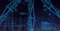 Floating blue lattice nodes in digital grid, with power tower silhouette and hexagonal mesh pattern Royalty Free Stock Photo