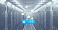Floating blue notification bubble showing 61 thumbs-up above server racks in data center corridor Royalty Free Stock Photo