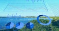 Floating blue ring chart hovering over lake and shrubs, showing grid, line, bar and pie charts Royalty Free Stock Photo
