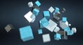 Floating blue shiny cube network 3D rendering Royalty Free Stock Photo