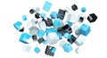 Floating blue shiny cube network 3D rendering