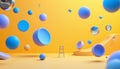 Floating blue and transparent round shapes hover over yellow background with small ladder and curved platform, creating Royalty Free Stock Photo