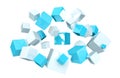 Floating blue and white shiny cube 3D rendering