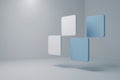 Floating blue and white squares in a minimalist space. Space for text. Royalty Free Stock Photo