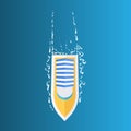 Floating boat on a blue background, top view, vector illustration