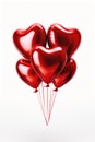 A floating bouquet of red heart shaped balloons on a white background.