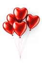 A floating bouquet of red heart shaped balloons on a white background.