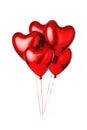 A floating bouquet of red heart shaped balloons on a white background.