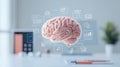 Floating brain with digital icons representing knowledge and technology