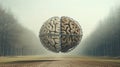 Floating brain encased in chains above a dirt path flanked by leafless trees